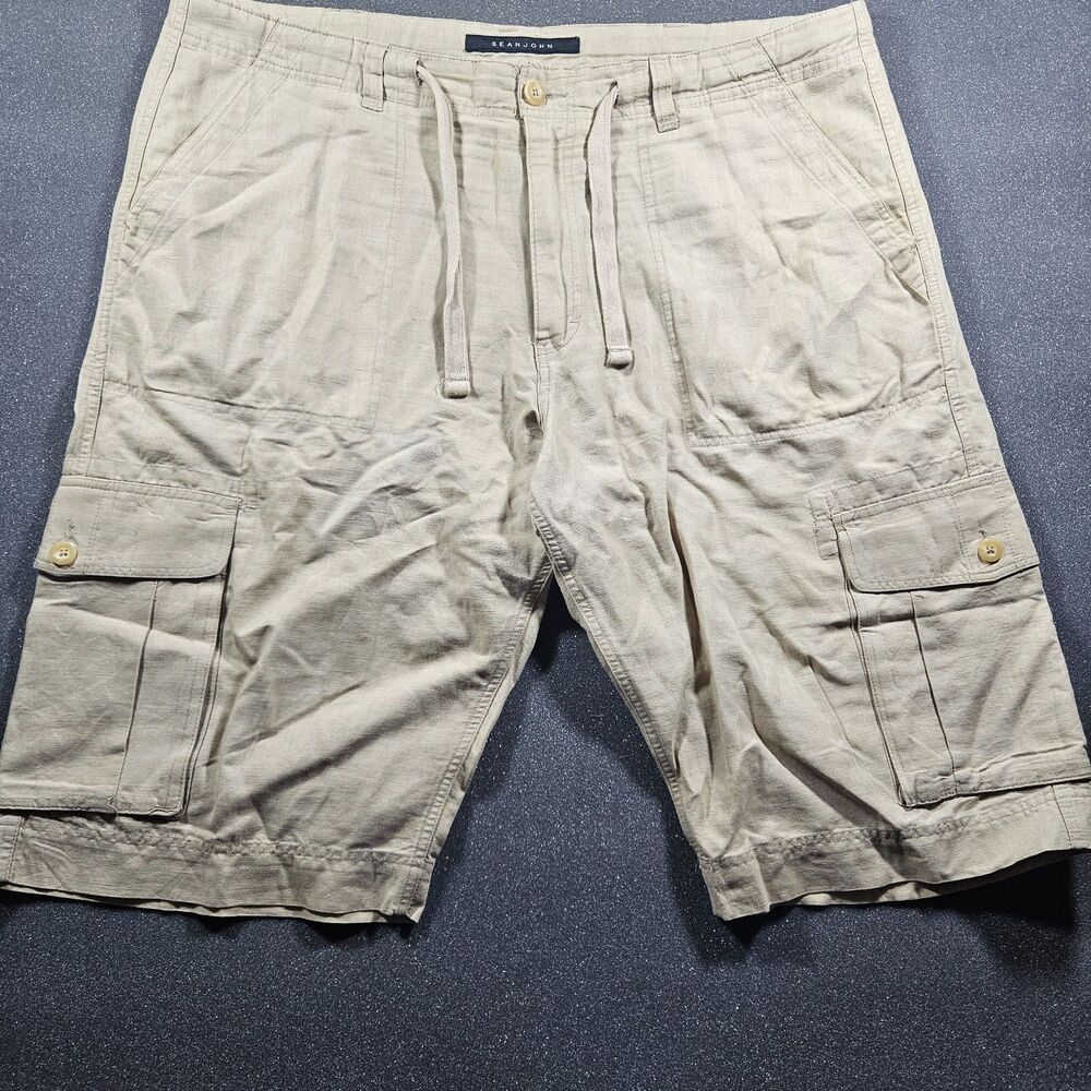 Sean John Cargo Shorts Men’s 40 Beige Linen Cotton Utility Pockets Casual